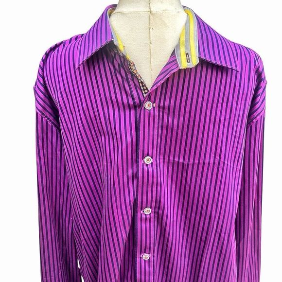 Men’s Robert Graham Purple Navy Striped Contrasting Cuff Long Sleeve Shirt Size - Picture 2 of 12